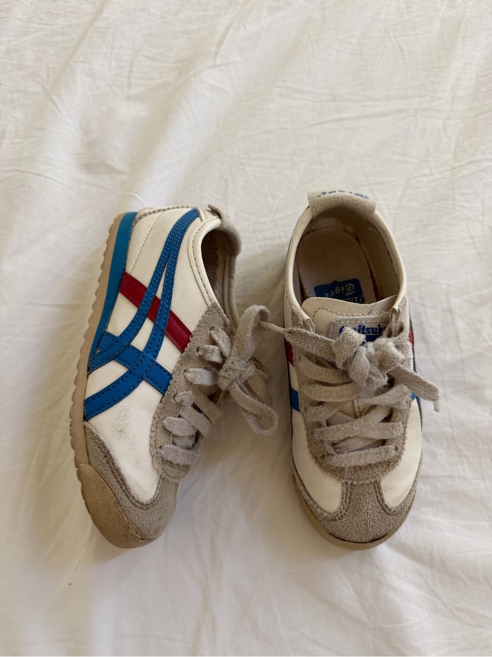 Onitsuka Tiger by Asics Kids Cream Sneakers with Blue & Red Stripes